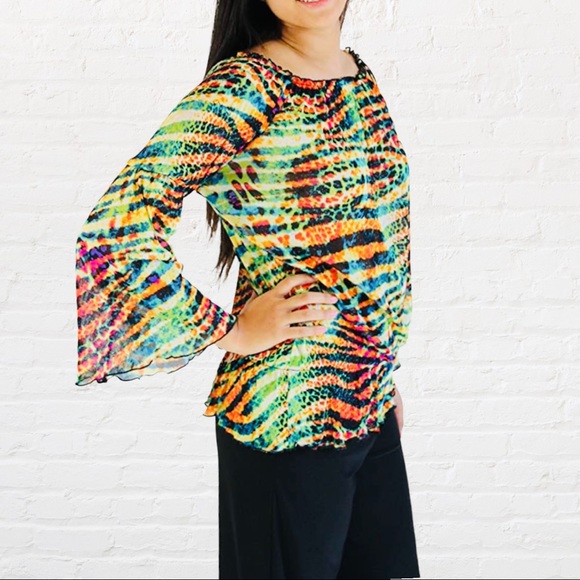 Mechant | Multicolor Lime Combo Animal Print Boat Neck Flare Bell Sleeve Blouse - Picture 7 of 8